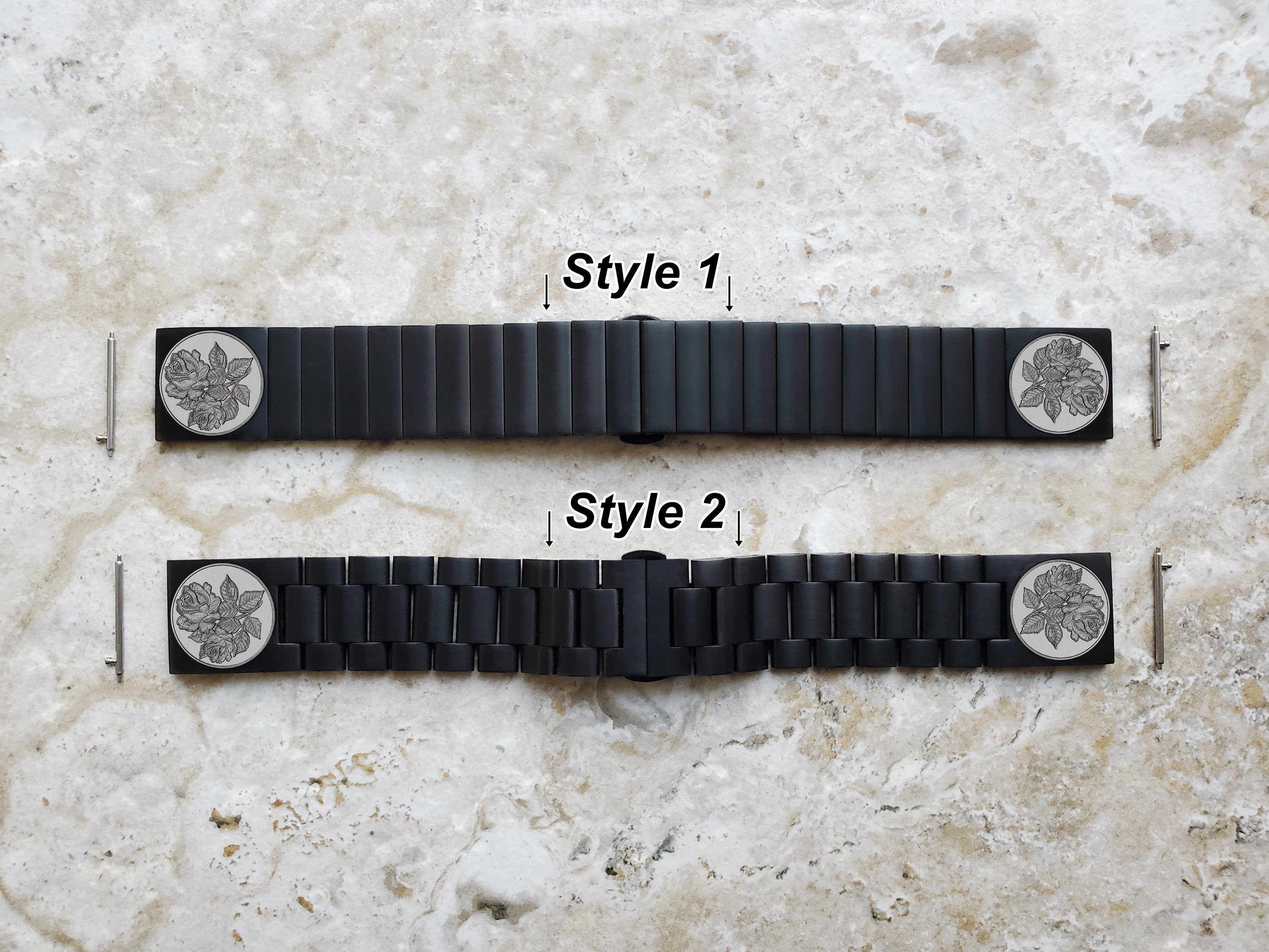 Roses Floral Engraved Watch Band for 22mm Width Lugs Traditional Casual Luxury and Smartwatches Black Stainless Steel Strap Bracelet RS1